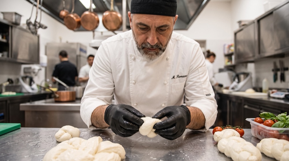 Chef en una cocina profesional dando forma a una bola de Metta Melt