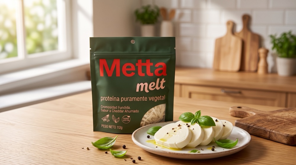 Bolsa de Metta Melt sobre la encimera de una cocina luminosa, junto a un plato con albahaca