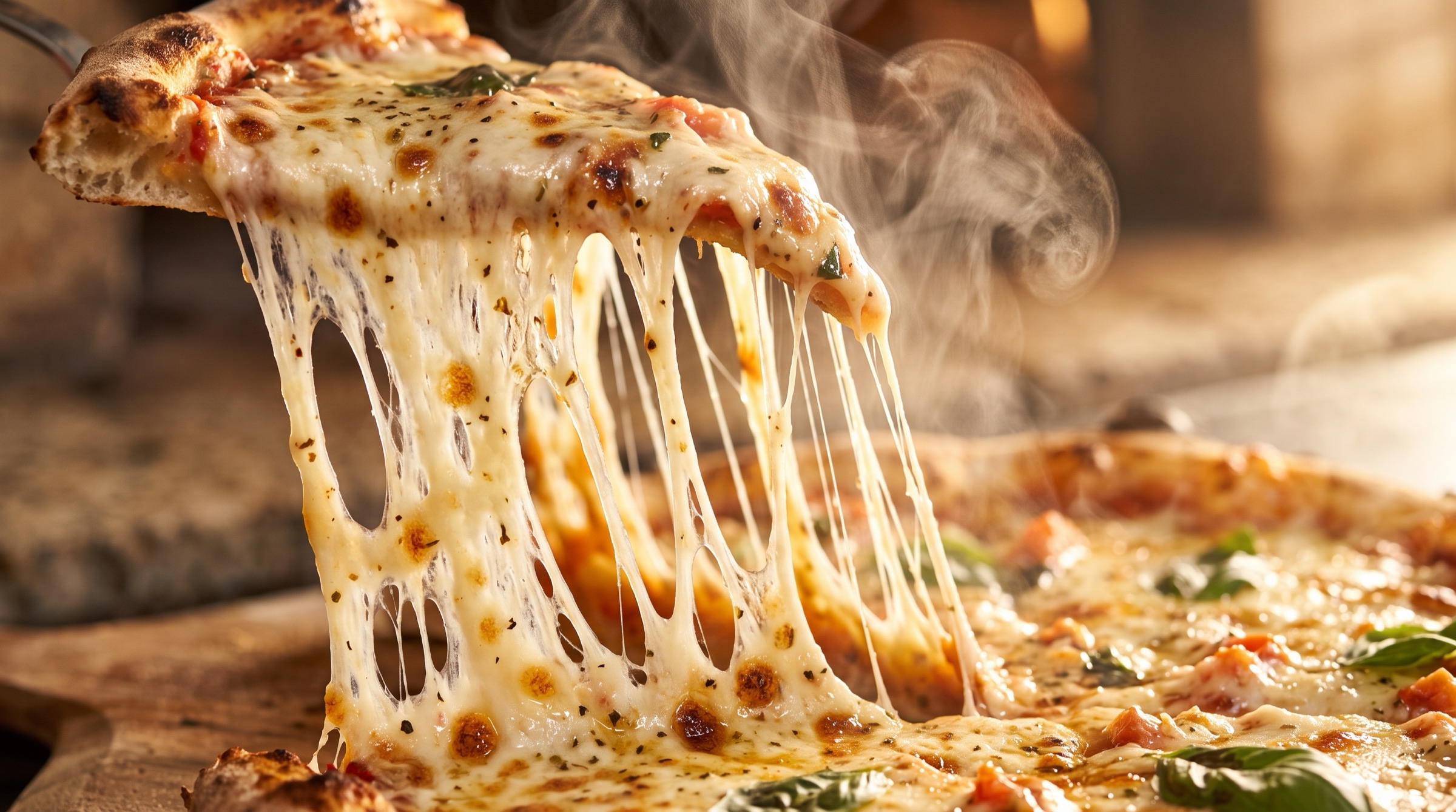 Porción de pizza levantada con el fundido estirándose en hilos