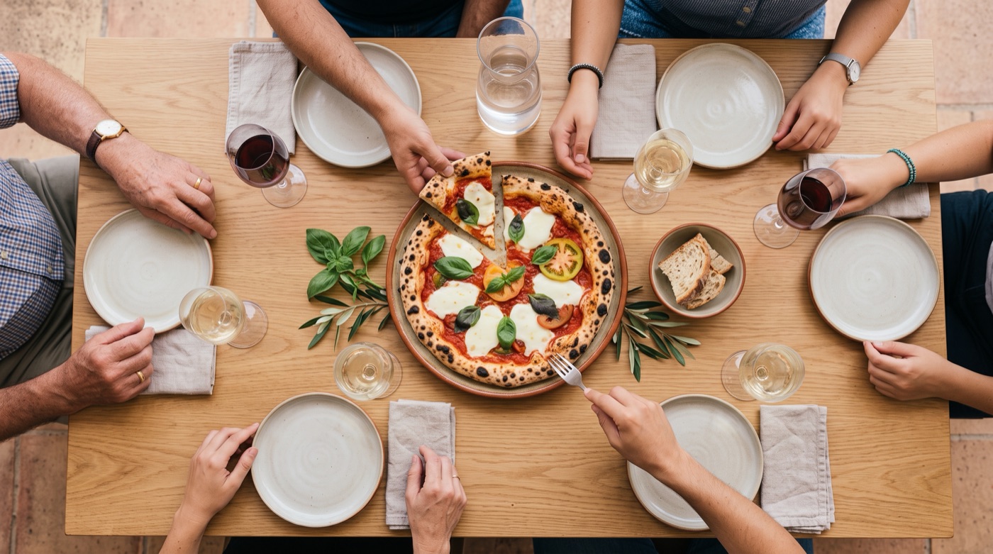 Mesa compartida vista desde arriba, con una pizza en el centro y manos de varias personas